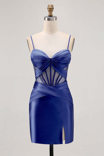 Royal Blue Sheer Korsett Plisserad Tight Kort Balklänning med slits