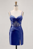 Royal Blue Sheer Korsett Plisserad Tight Kort Balklänning med slits