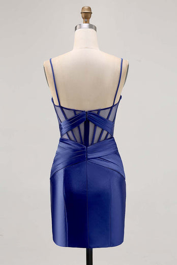 Royal Blue Sheer Korsett Plisserad Tight Kort Balklänning med slits