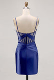 Royal Blue Sheer Korsett Plisserad Tight Kort Balklänning med slits