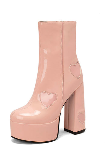 Svart PU Läder Platform Chunky Block High Heel stövlar med rosa hjärtan