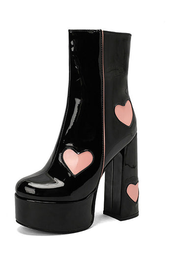 Svart PU Läder Platform Chunky Block High Heel stövlar med rosa hjärtan