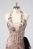 Glitter Halter Rodnande Korsett Snäva Applikationer Kort Cocktailklänning med Beading