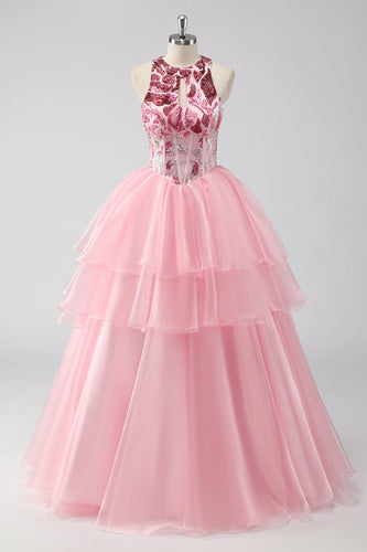 Glittrande Rosa Halter Korsett Appliques Tiered Long Prom Klänning