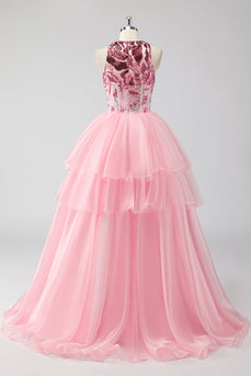 Glittrande Rosa Halter Korsett Appliques Tiered Long Prom Klänning