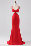 Spaghetti Straps Mermaid Backless Röd Balklänning