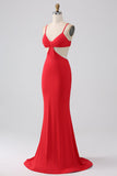 Spaghetti Straps Mermaid Backless Röd Balklänning