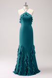 Halter Tahiti Mermaid Chiffong Brudtärna Klänning med volanger