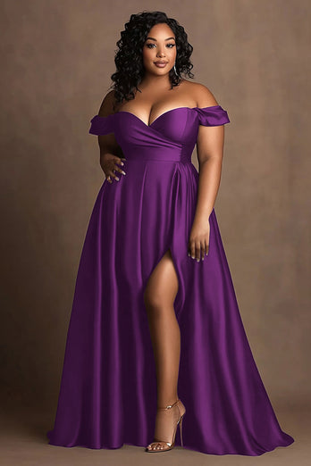 Plus Size Navy Off The Shoulder Satin Lång formell klänning med slits