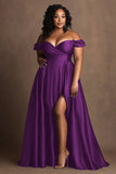 Plus Size Navy Off The Shoulder Satin Lång formell klänning med slits