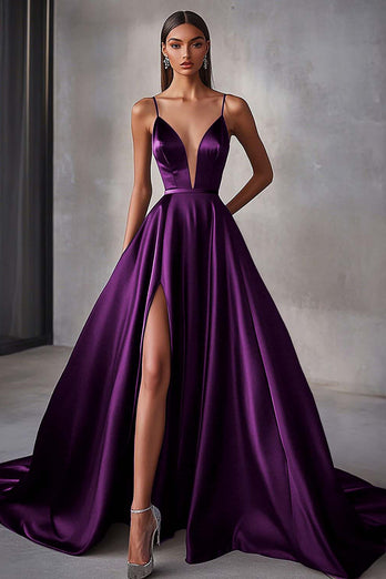 Marinblå Satin A Line Spaghetti Straps Lång Balklänning med slits