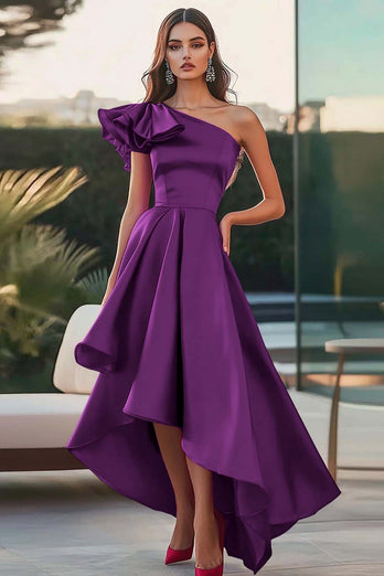 Fuchsia En Axel Hög-Låg Satin En Linje Formell Klänning