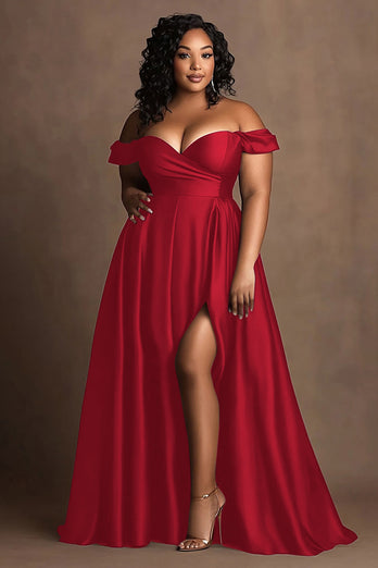 Plus Size Navy Off The Shoulder Satin Lång formell klänning med slits
