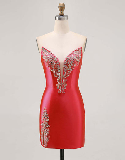 Fuchsia Axelbandslös pärlstav Bodycon Homecoming Klänning med slits