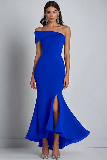 Navy Crepe One Shoulder Sheath Formell Klänning med slits