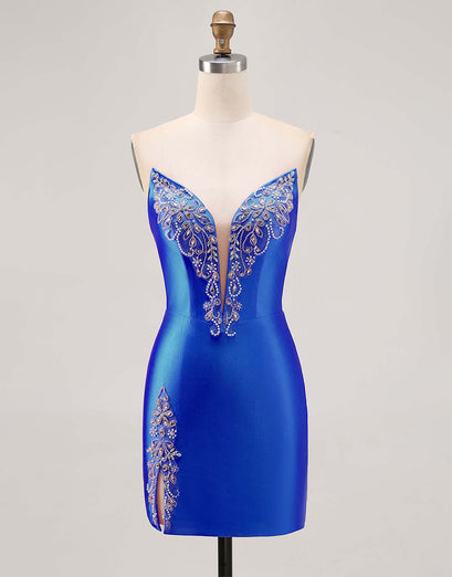 Fuchsia Axelbandslös pärlstav Bodycon Homecoming Klänning med slits
