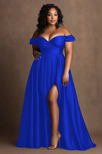 Plus Size Navy Off The Shoulder Satin Lång formell klänning med slits