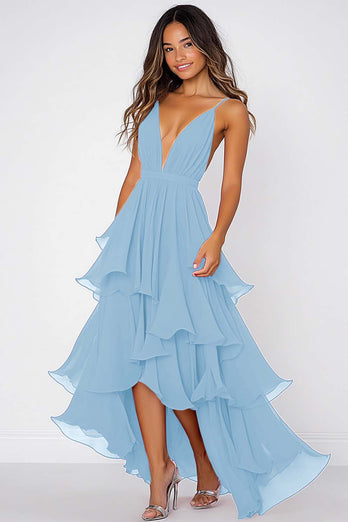 Volang Tiered Röd Chiffong Spaghetti Straps Formell Klänning