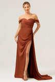 Dammig Ros Sjöjungfru Off The Shoulder Plisserad Satin Bridesmaid Klänning med slits
