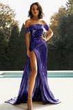 Guld Av Axeln Slida Metallic Satin Prom Klänning Med Slits