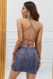 Grå Spaghettiband Bodycon Hemkomst Klänning med Applikationer