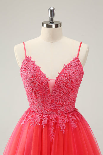 Söt Hot Pink A Line Spaghetti Straps Kort Homecoming Klänning Med Appliques