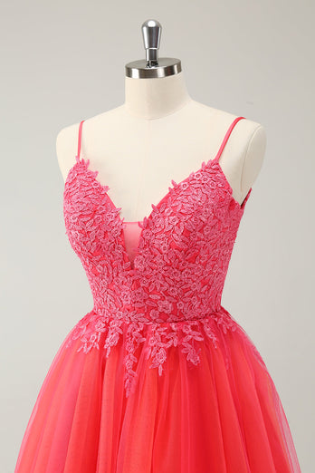 Söt Hot Pink A Line Spaghetti Straps Kort Homecoming Klänning Med Appliques