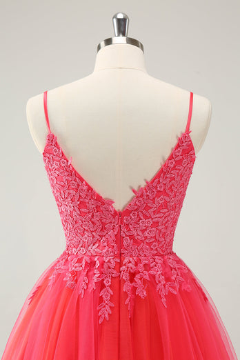 Söt Hot Pink A Line Spaghetti Straps Kort Homecoming Klänning Med Appliques