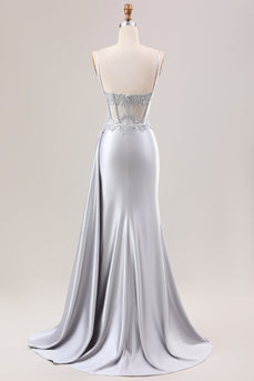 Silver Mermaid Plisserad Sheer Lång Korsett Satin Balklänning Med Slits