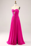 Fuchsia A Line Sweetheart Plisserad Nyckelhål Lång Balklänning Med Slits
