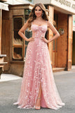 A Line Blush Spaghetti Straps Paljett Korsett Balklänning Med Slits