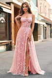 A Line Blush Spaghetti Straps Paljett Korsett Balklänning Med Slits