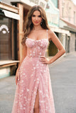 A Line Blush Spaghetti Straps Paljett Korsett Balklänning Med Slits