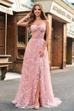 A Line Blush Spaghetti Straps Paljett Korsett Balklänning Med Slits