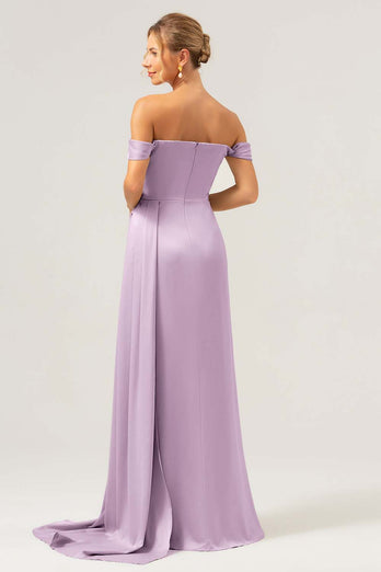 Dammig Ros Sjöjungfru Off The Shoulder Plisserad Satin Bridesmaid Klänning med slits