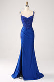 Glitter Royal Blue Mermaid Spaghetti Straps Lång Balklänning med applikationer