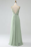 Dusty Sage A-linje Spaghetti Straps Plisserad Chiffong Lång Brudtärna Klänning
