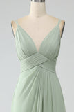 Dusty Sage A-linje Spaghetti Straps Plisserad Chiffong Lång Brudtärna Klänning