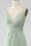 Dusty Sage A-linje Spaghetti Straps Plisserad Chiffong Lång Brudtärna Klänning