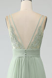 Dusty Sage A-linje Spaghetti Straps Plisserad Chiffong Lång Brudtärna Klänning