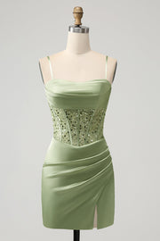 Glitter Sage Bodycon Paljetter Korsett Kort Homecoming Klänning med Slits
