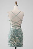 Grå Grön Bodycon Lace-up Back Kort Homecoming Klänning med paljetter Appliqued