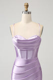 Lila Bodycon Spaghetti Remmar Korsett Satin Kort Homecoming Klänning