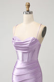 Lila Bodycon Spaghetti Remmar Korsett Satin Kort Homecoming Klänning