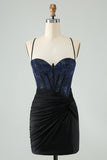 Glitter Svart Bodycon Spaghetti Remmar Korsett Homecoming Klänning med Beading