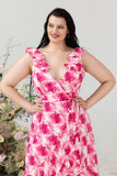 Hög Låg Rosa Blomma Tryckt Plus Size Brudtärneklänning med Volanger