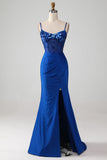 Pärlstav Royal Blue Corset Balklänning med slits