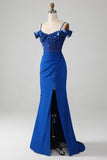 Pärlstav Royal Blue Corset Balklänning med slits