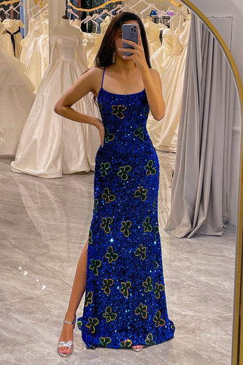 Royal Blue Mermaid Spaghetti Straps Paljetter Balklänning med slits