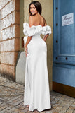 Mermaid Off The Shoulder Vit Balklänning med Split Front